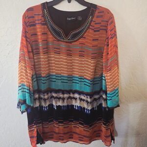 Maggie Barnes Embroidered Print Tunic Top Women 1X Orange Teal Black Boho sheer